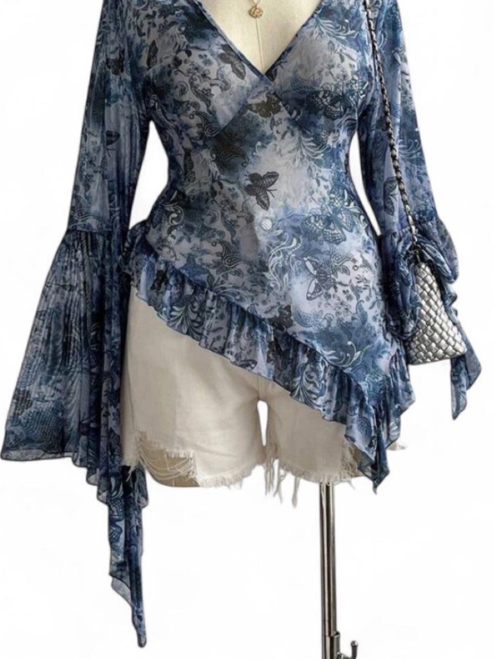 Vintage Y2K vibes Blue Floral Asymmetrical Ruffle Wrap Top